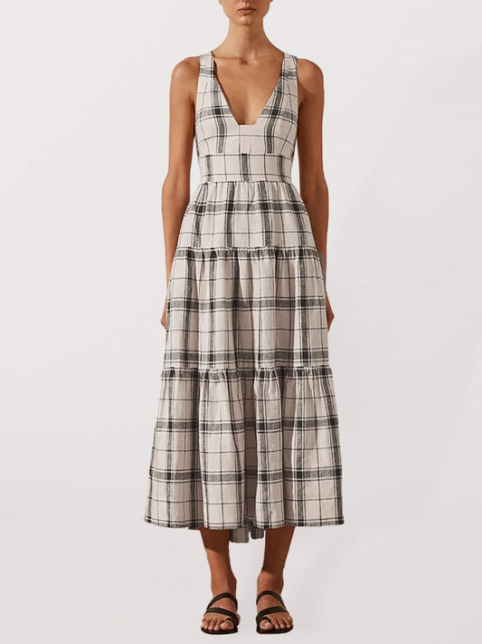 Retro Lattice Sleeveless Midi Dress – Deep V Neck & Open Back