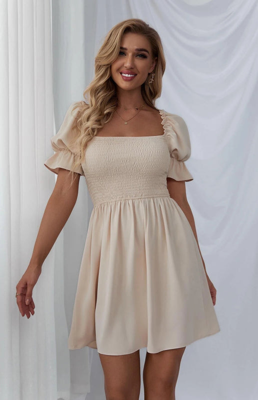 Square Collar Puff Sleeve Smocked Dress – Elegant Fit, Woven Fabric