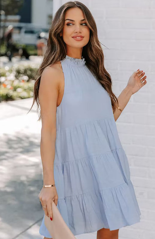 Solid Color Sleeveless Cotton Blend Dress – Loose Fit & Round Neck