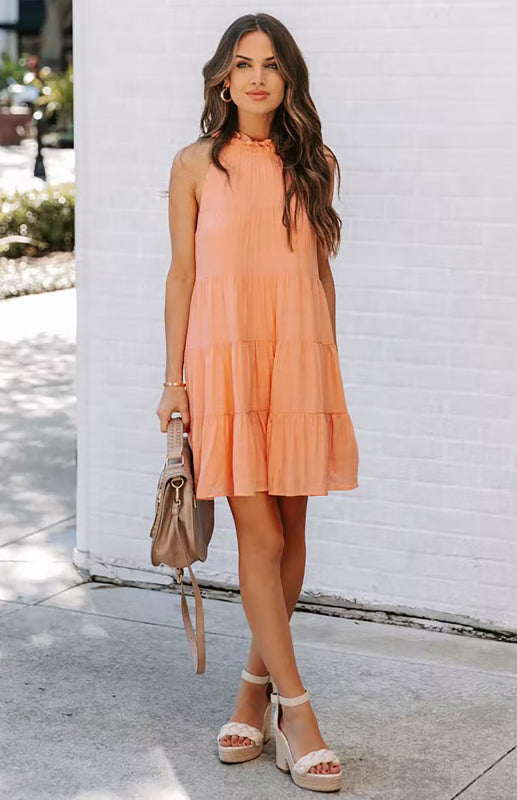 Solid Color Sleeveless Cotton Blend Dress – Loose Fit & Round Neck