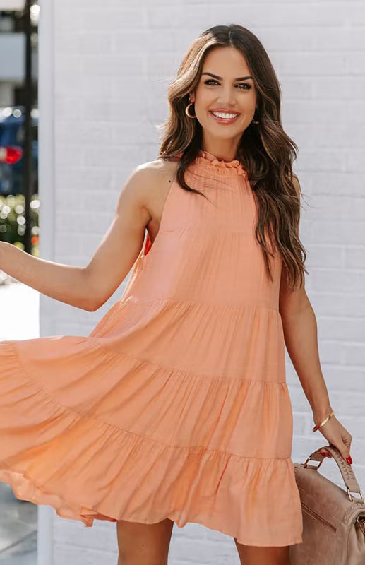 Solid Color Sleeveless Cotton Blend Dress – Loose Fit & Round Neck