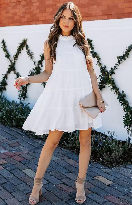 Solid Color Sleeveless Cotton Blend Dress – Loose Fit & Round Neck