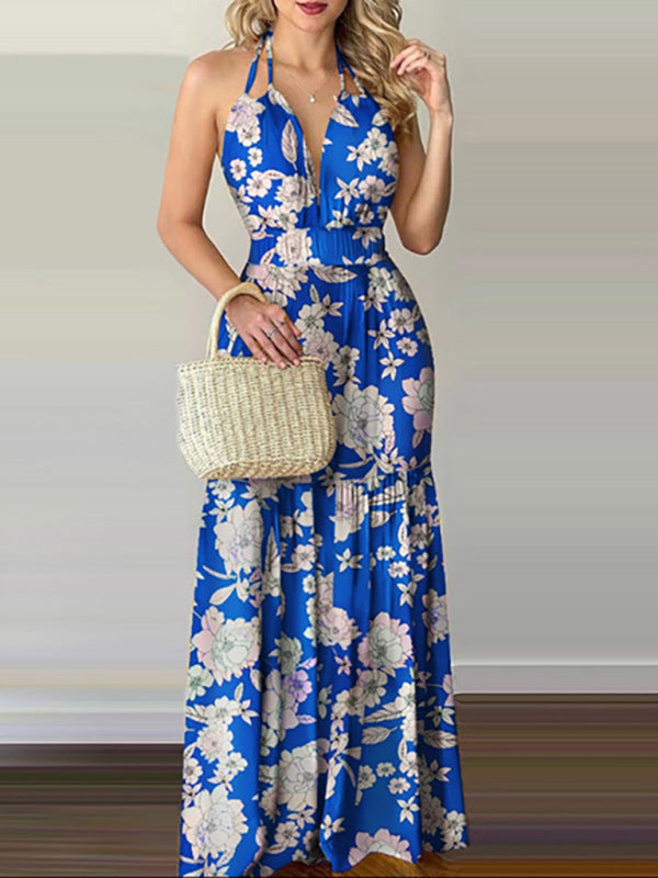 Floral Halterneck V-Neck Open-Back Maxi Dress – Flowy Summer Boho Style