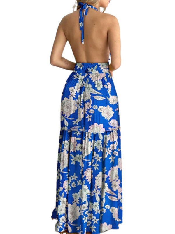 Floral Halterneck V-Neck Open-Back Maxi Dress – Flowy Summer Boho Style