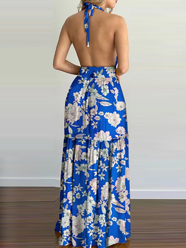 Floral Halterneck V-Neck Open-Back Maxi Dress – Flowy Summer Boho Style