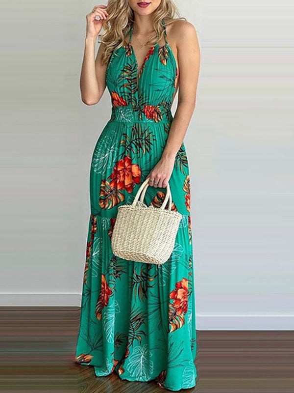 Floral Halterneck V-Neck Open-Back Maxi Dress – Flowy Summer Boho Style