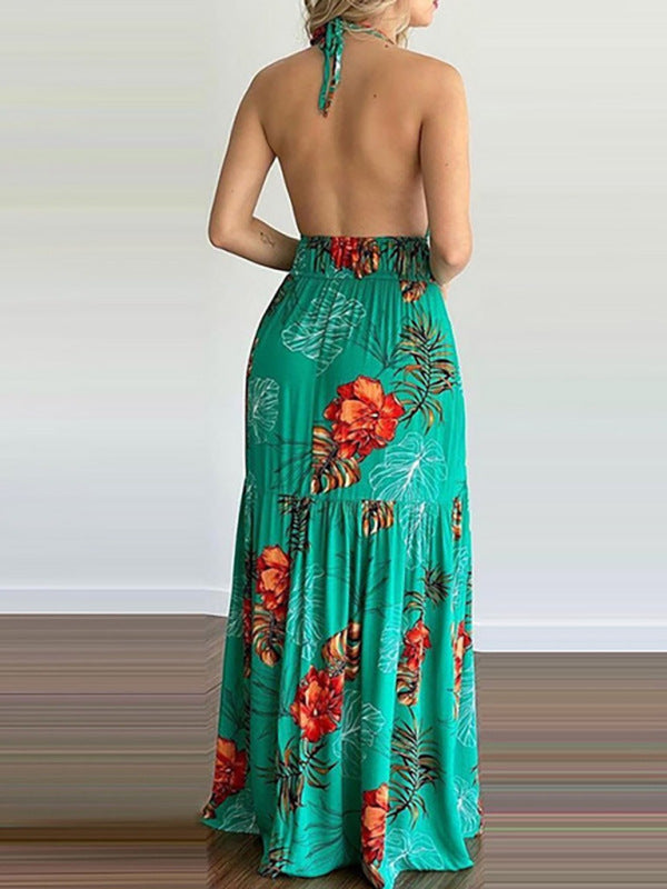 Floral Halterneck V-Neck Open-Back Maxi Dress – Flowy Summer Boho Style