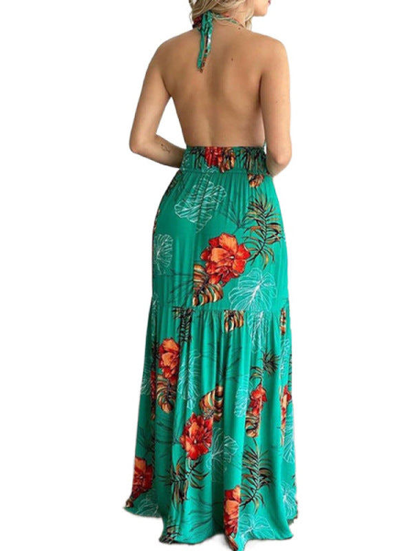 Floral Halterneck V-Neck Open-Back Maxi Dress – Flowy Summer Boho Style
