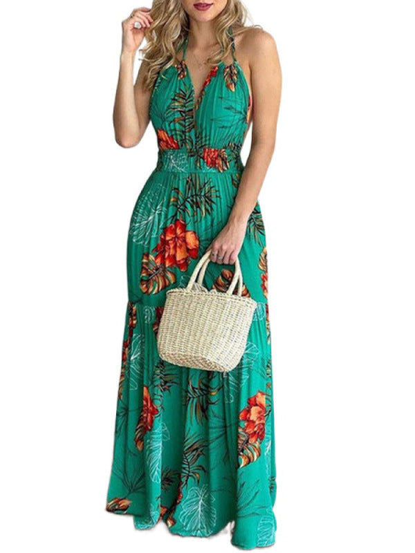 Floral Halterneck V-Neck Open-Back Maxi Dress – Flowy Summer Boho Style