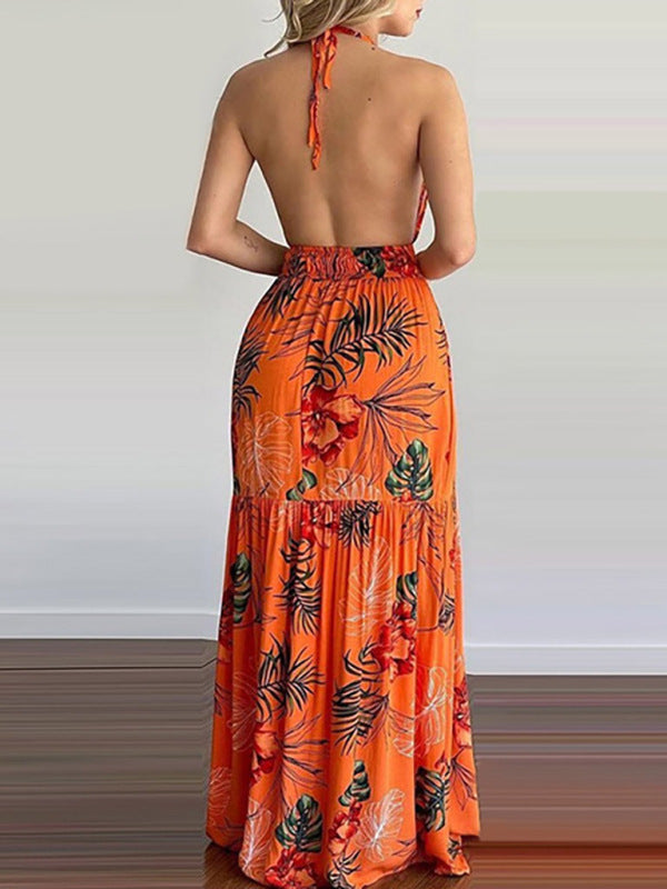 Floral Halterneck V-Neck Open-Back Maxi Dress – Flowy Summer Boho Style