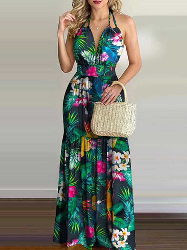 Floral Halterneck V-Neck Open-Back Maxi Dress – Flowy Summer Boho Style