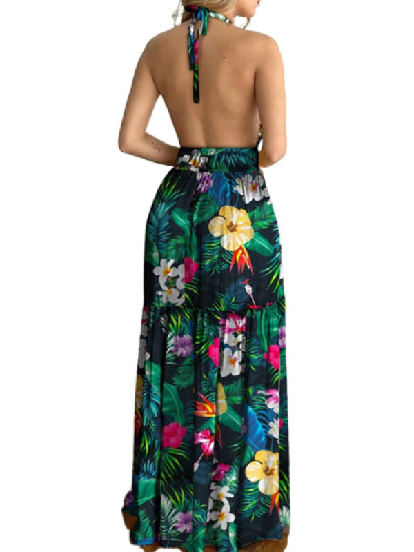 Floral Halterneck V-Neck Open-Back Maxi Dress – Flowy Summer Boho Style