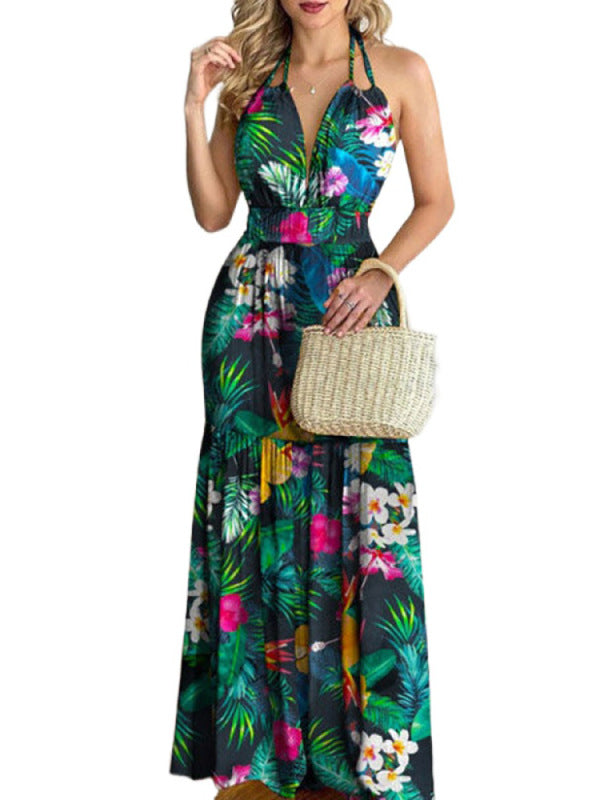 Floral Halterneck V-Neck Open-Back Maxi Dress – Flowy Summer Boho Style