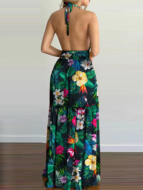 Floral Halterneck V-Neck Open-Back Maxi Dress – Flowy Summer Boho Style