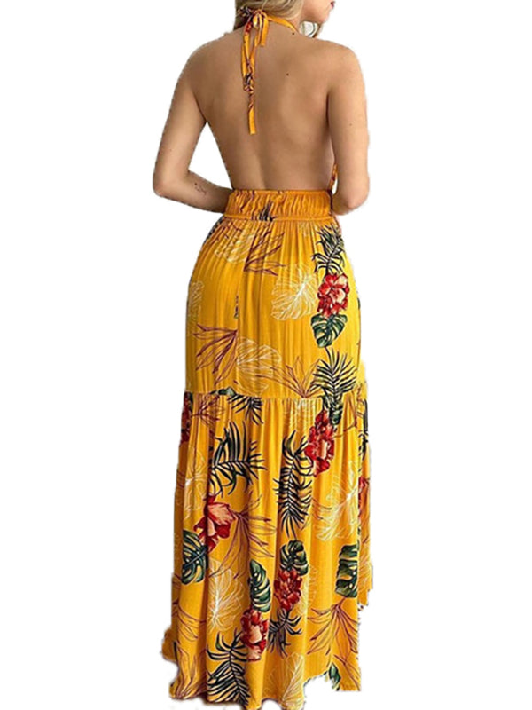 Floral Halterneck V-Neck Open-Back Maxi Dress – Flowy Summer Boho Style
