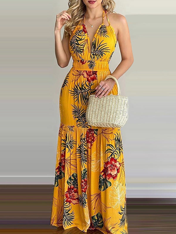 Floral Halterneck V-Neck Open-Back Maxi Dress – Flowy Summer Boho Style