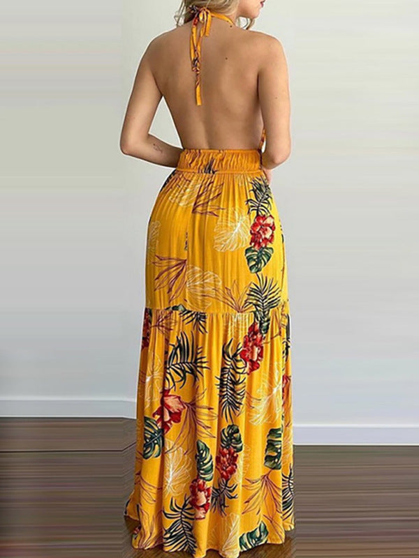 Floral Halterneck V-Neck Open-Back Maxi Dress – Flowy Summer Boho Style
