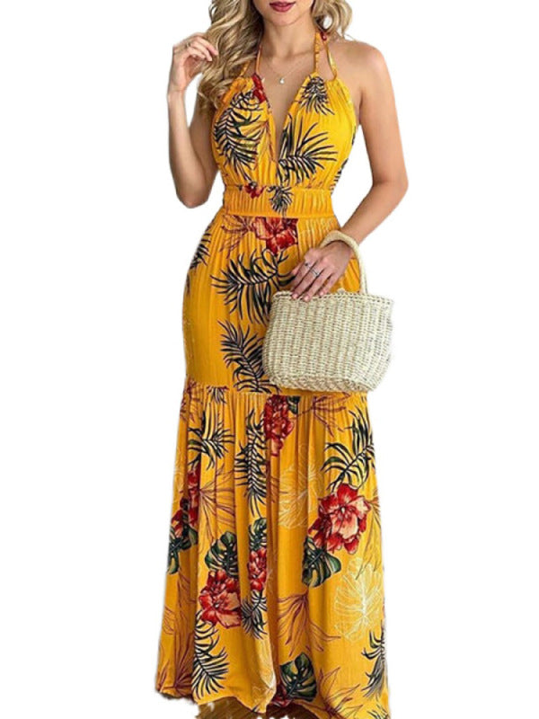 Floral Halterneck V-Neck Open-Back Maxi Dress – Flowy Summer Boho Style
