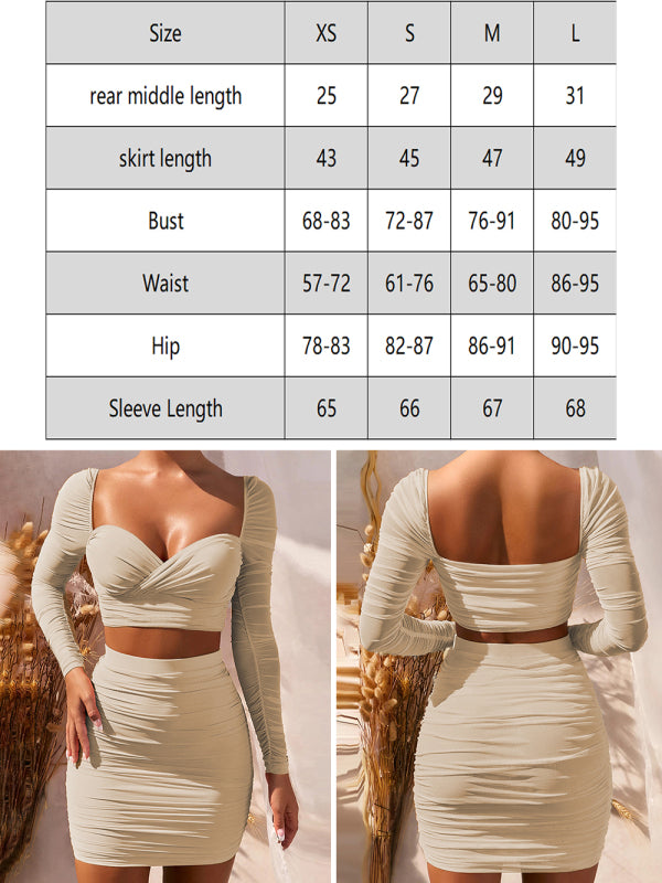 Sexy Long Sleeve V-Neck Pleated Two-Piece Dress