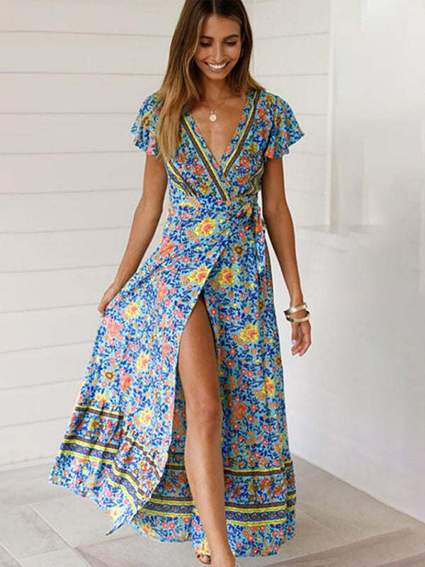 Floral Deep V-Neck Maxi Dress with Slit – Bohemian Vacation Style