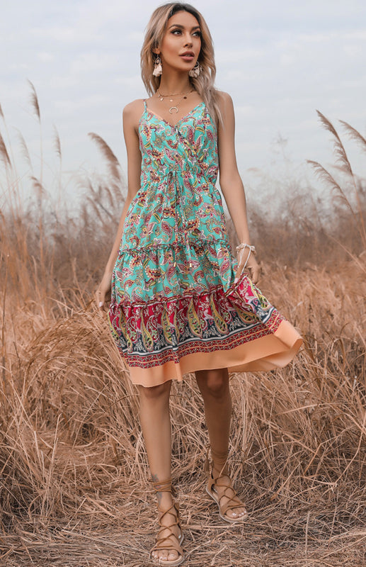 Boho Floral Slip Dress – Sleeveless, V-Neck, Lightweight, Mid-Calf