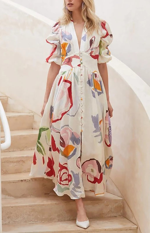 V-Neck Chiffon Maxi Beach Dress – Slim Fit, Printed Short Sleeve