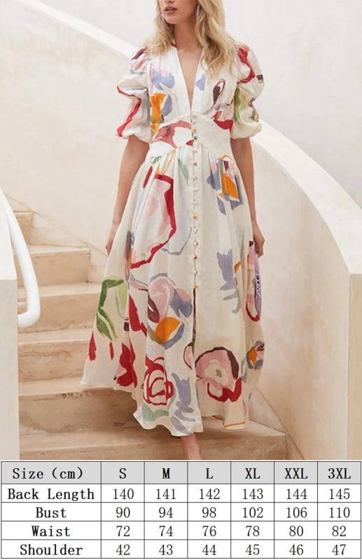 V-Neck Chiffon Maxi Beach Dress – Slim Fit, Printed Short Sleeve