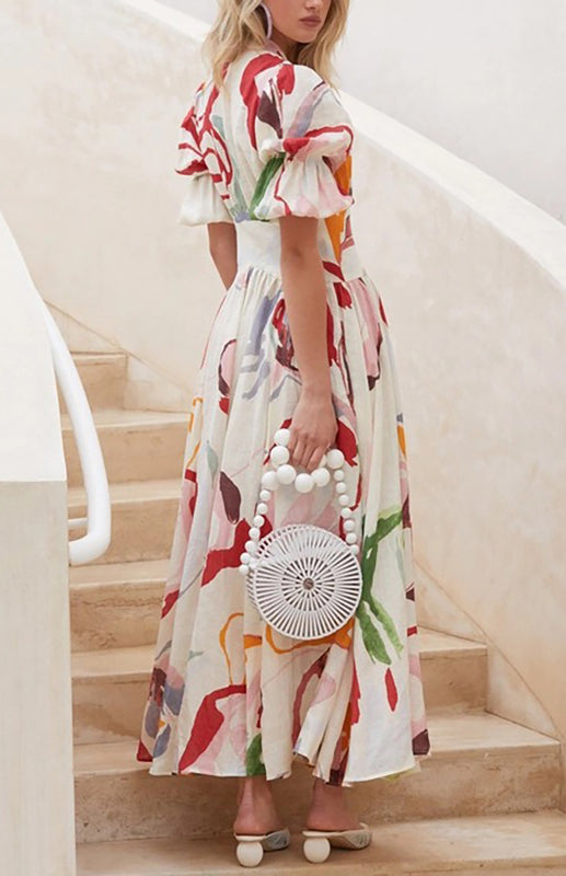 V-Neck Chiffon Maxi Beach Dress – Slim Fit, Printed Short Sleeve
