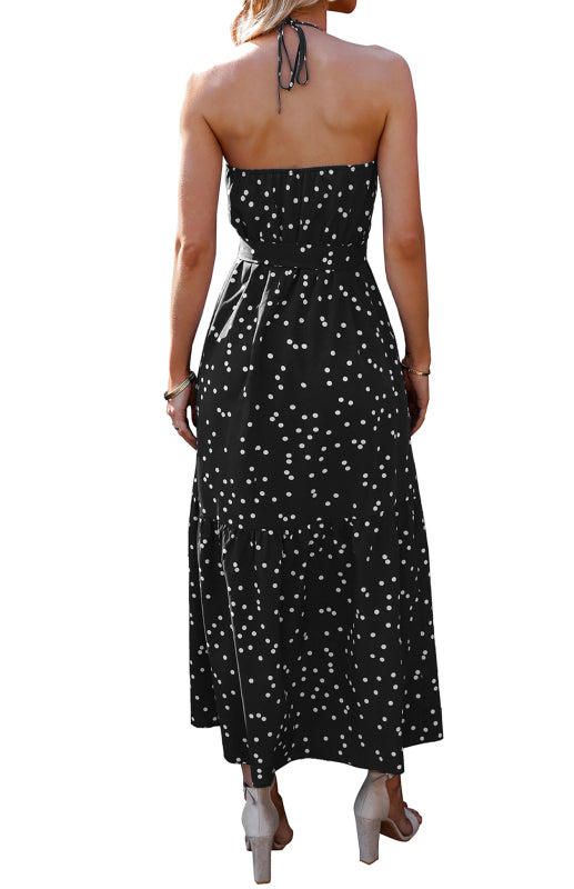 Polka Dot V-Neck Sleeveless Maxi Dress – Floral Tie Waist Summer Style