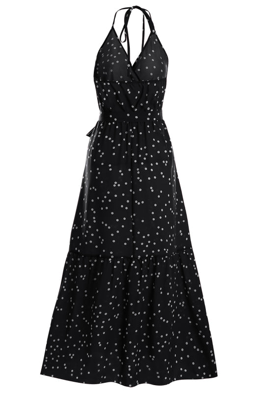 Polka Dot V-Neck Sleeveless Maxi Dress – Floral Tie Waist Summer Style