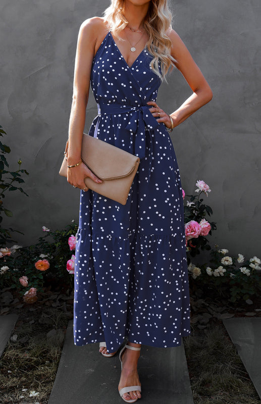 Polka Dot V-Neck Sleeveless Maxi Dress – Floral Tie Waist Summer Style