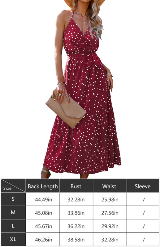 Polka Dot V-Neck Sleeveless Maxi Dress – Floral Tie Waist Summer Style