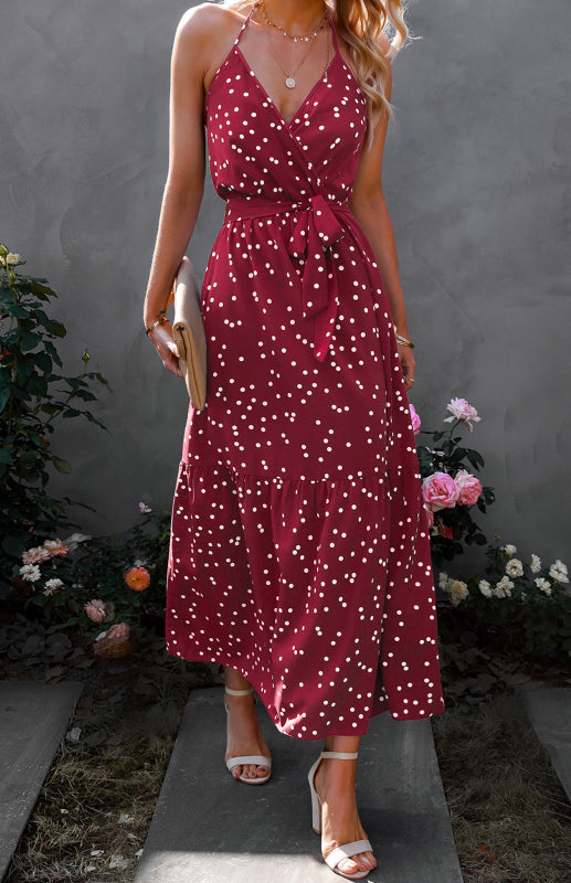 Polka Dot V-Neck Sleeveless Maxi Dress – Floral Tie Waist Summer Style