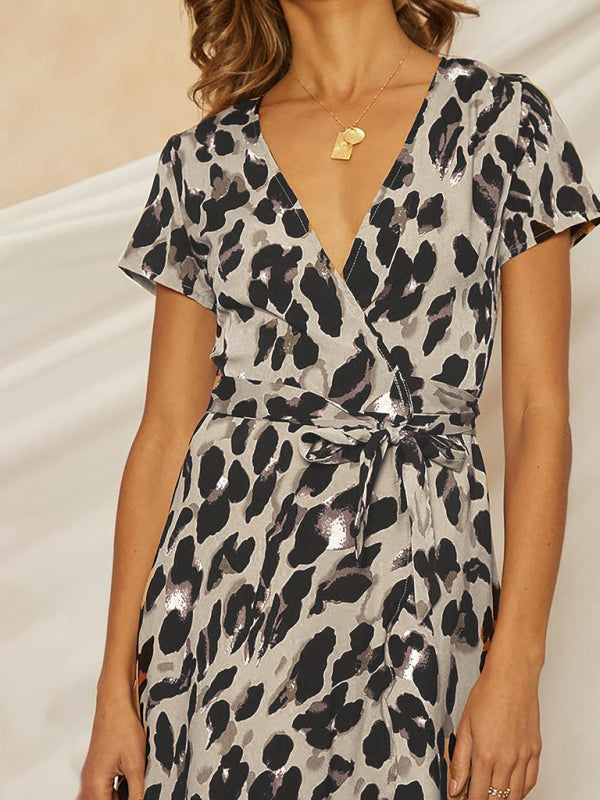 Women's Leopard Print Deep V Dress – Lace-Up Back, Cotton Blend, Short Sleeves