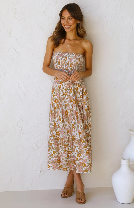 Women's Boho Floral Strapless Maxi Dress – Off-Shoulder Slit Style