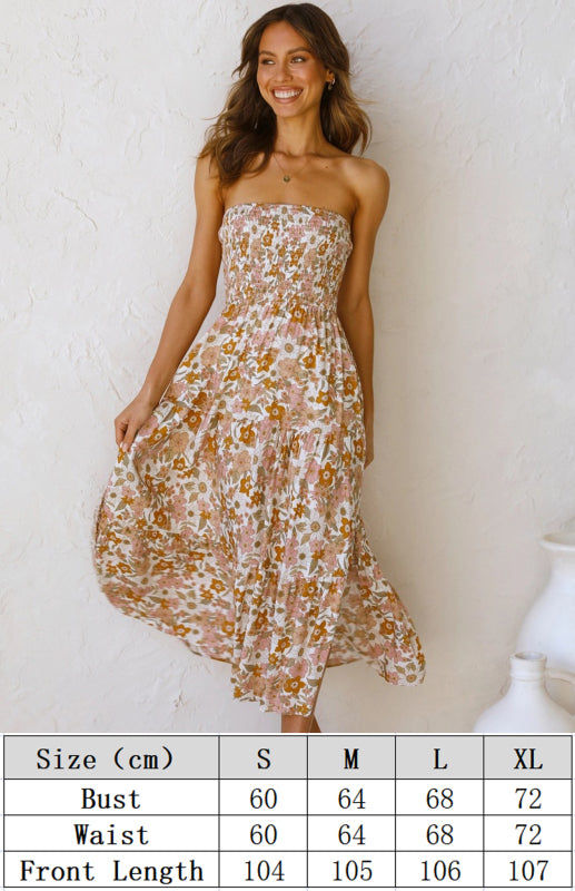 Women's Boho Floral Strapless Maxi Dress – Off-Shoulder Slit Style
