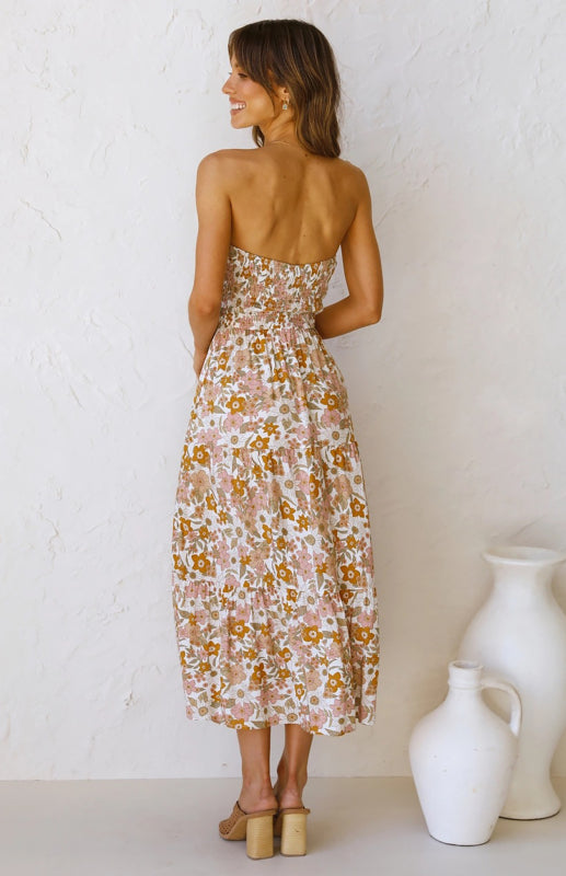 Women's Boho Floral Strapless Maxi Dress – Off-Shoulder Slit Style