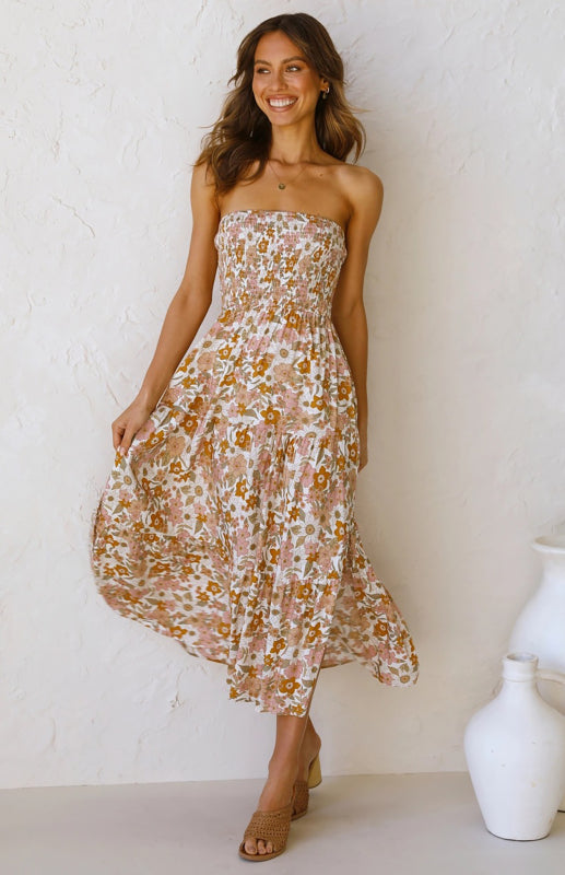 Women's Boho Floral Strapless Maxi Dress – Off-Shoulder Slit Style