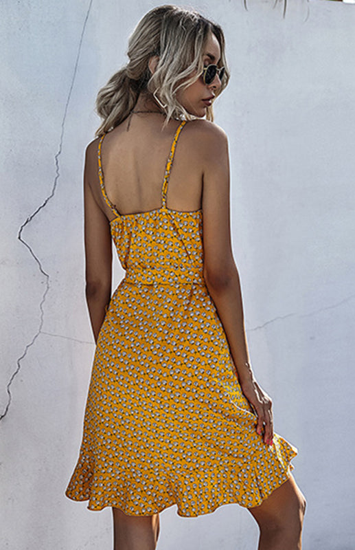 Floral Ruffled Lace-Up Beach Slip Dress – Sleeveless V-Neck Sundress