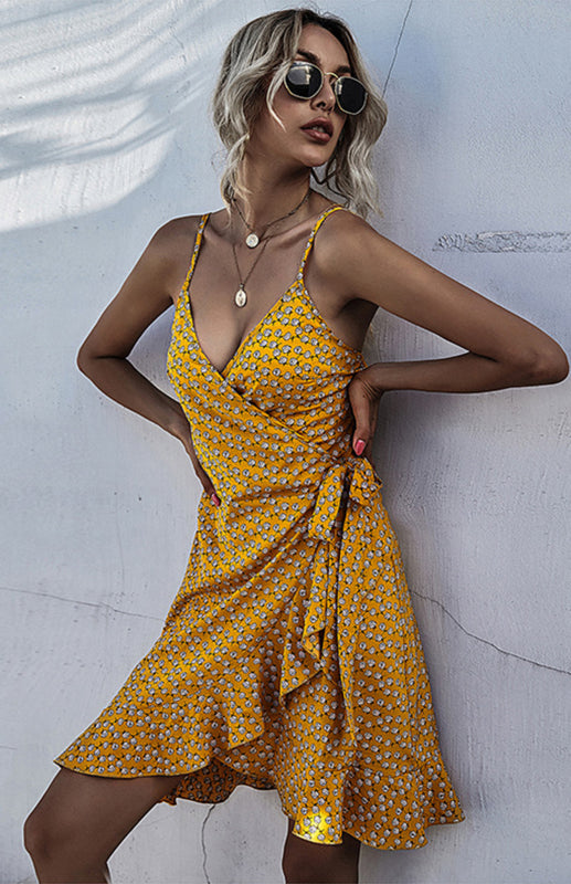 Floral Ruffled Lace-Up Beach Slip Dress – Sleeveless V-Neck Sundress