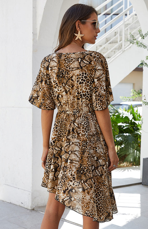 V-Neck Irregular Leopard Print Dress – High Waist Asymmetrical Hem