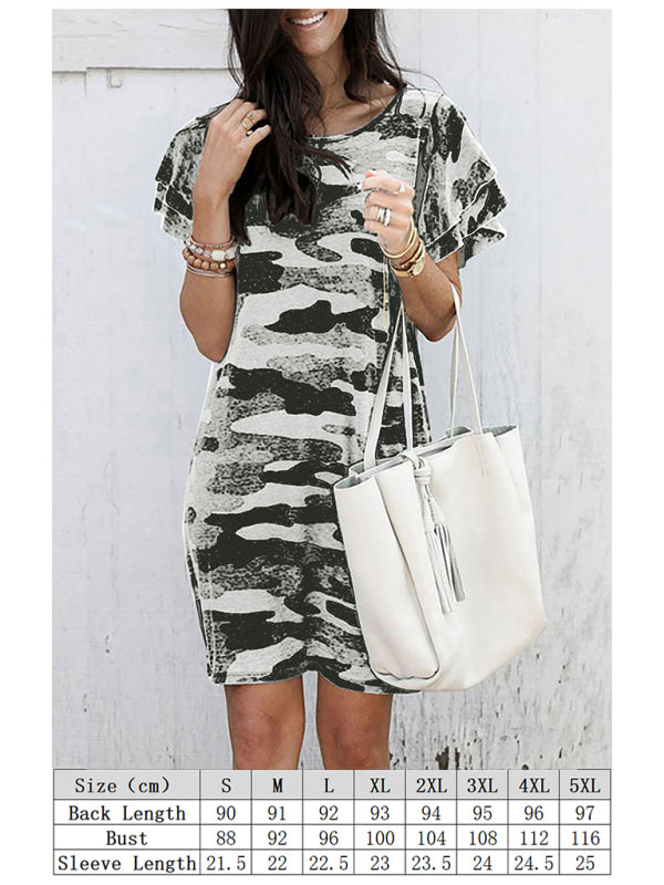 Crew Neck Camo Print Loose Midi Dress – Short Sleeves & Relaxed Fit