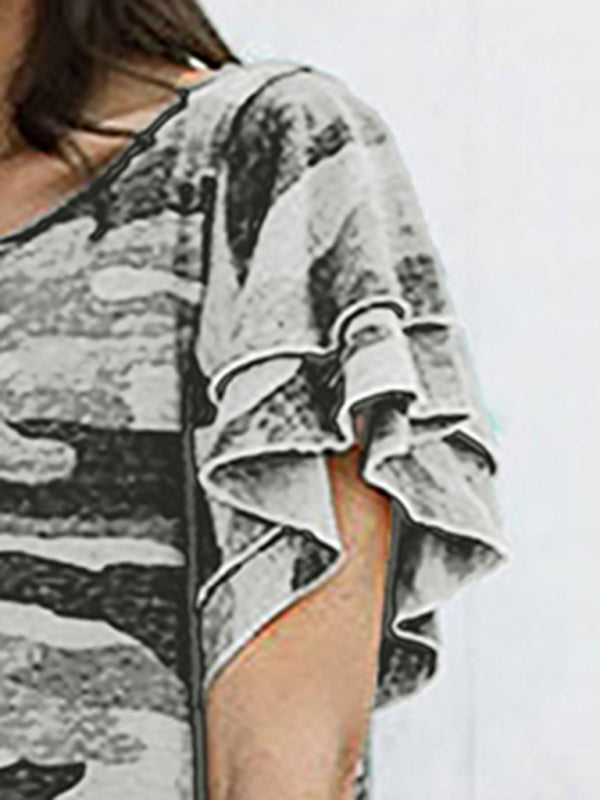 Crew Neck Camo Print Loose Midi Dress – Short Sleeves & Relaxed Fit