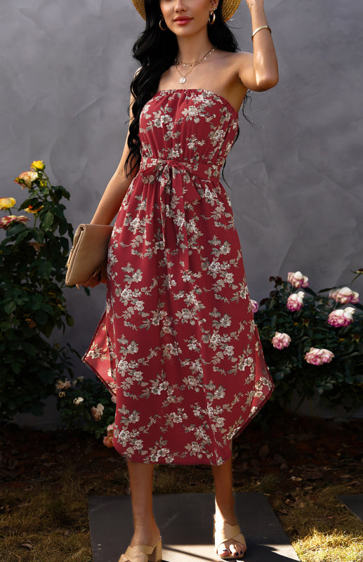 Floral Wrap Chest Chiffon Dress – Sleeveless Off-Shoulder Summer Style