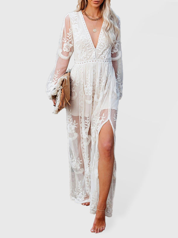 Lace Long Sleeve Deep V Dress – Hollow Out Detail & Princess Sleeves