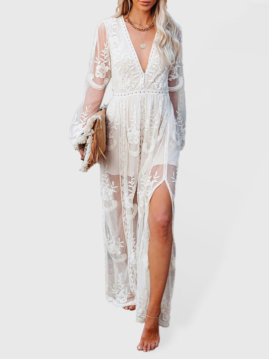 Lace Long Sleeve Deep V Dress – Hollow Out Detail & Princess Sleeves