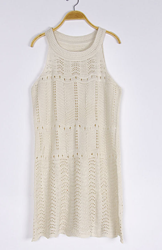 Sleeveless Knit Mini Dress – Cutout Detail, Round Neck, Spring-Summer Style