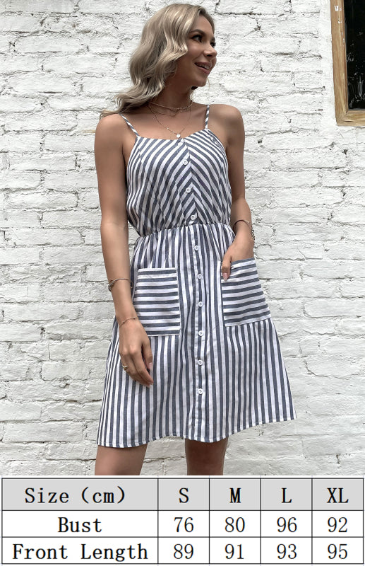 Grey Striped Cotton Linen Slip Dress – Sleeveless Button-Front Midi