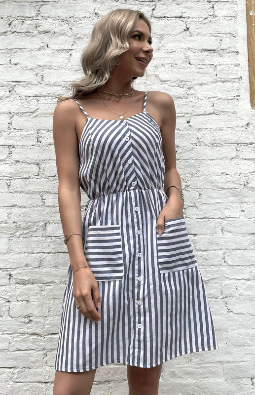 Grey Striped Cotton Linen Slip Dress – Sleeveless Button-Front Midi