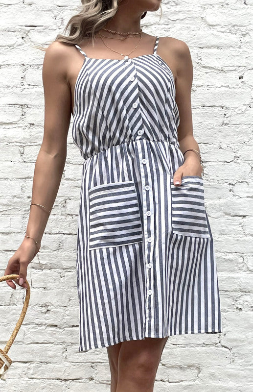Grey Striped Cotton Linen Slip Dress – Sleeveless Button-Front Midi